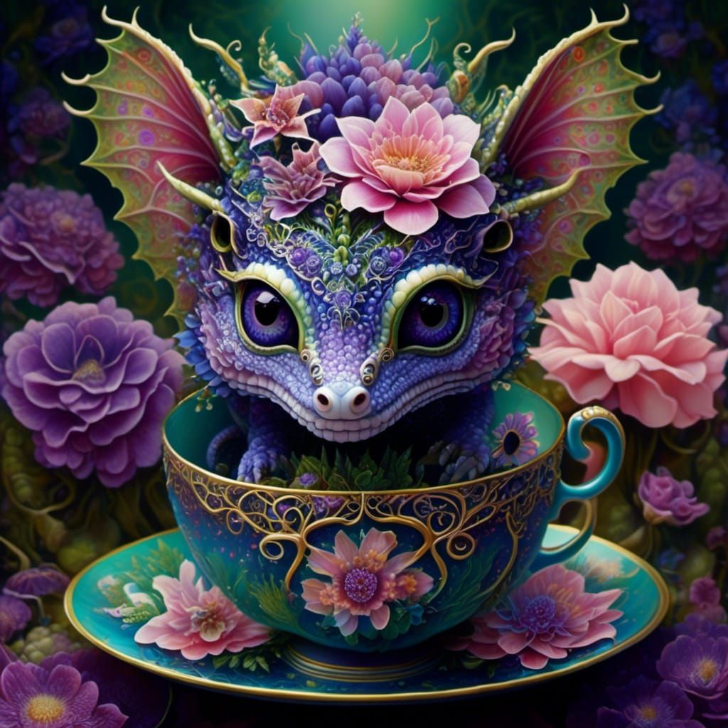 Floral Tea Dragon in Surreal 3D Garden