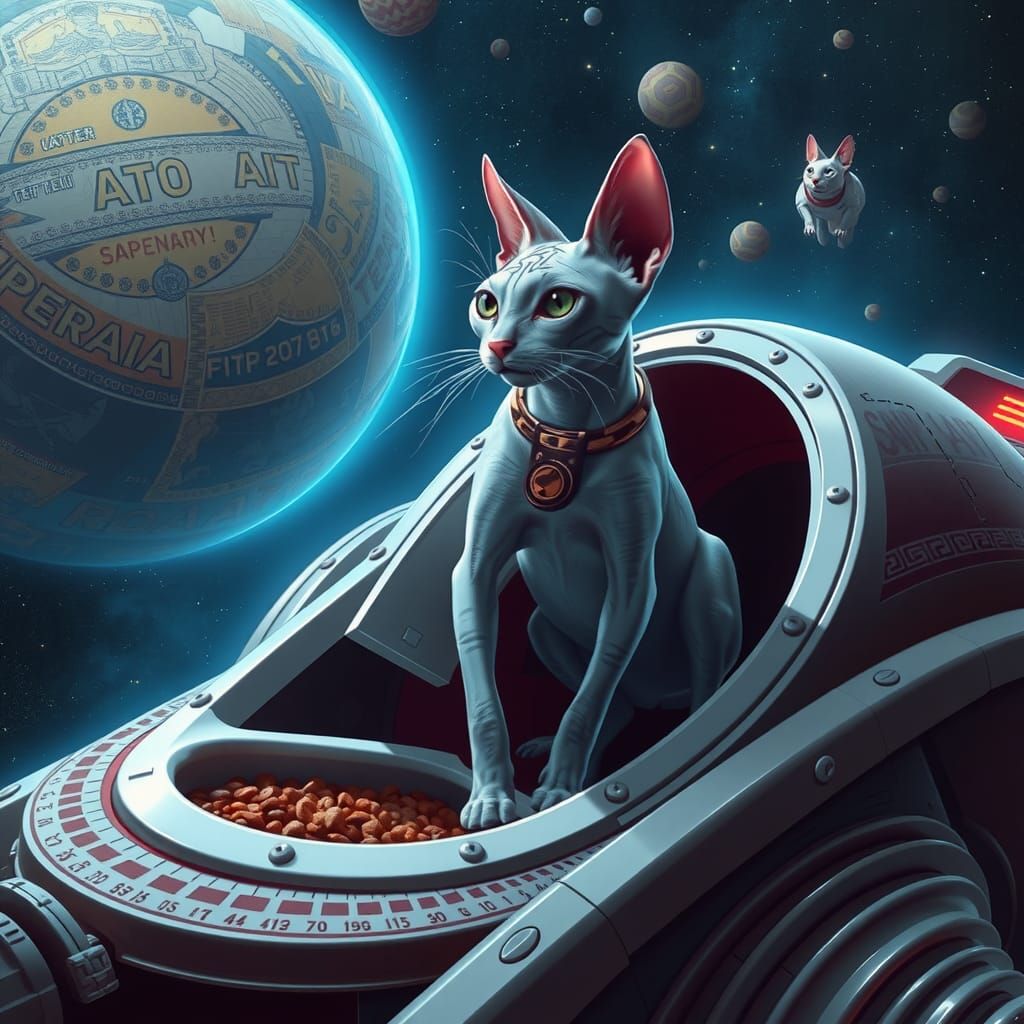Sphinx Cat on Spaceship: Cosmic Illustration
