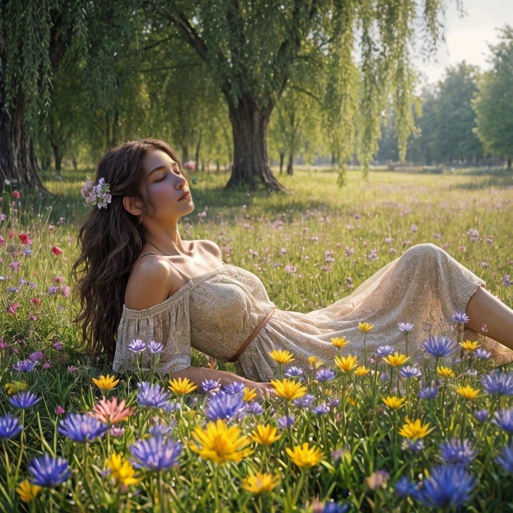 Girl in Flower Field: Detailed Matte Painting