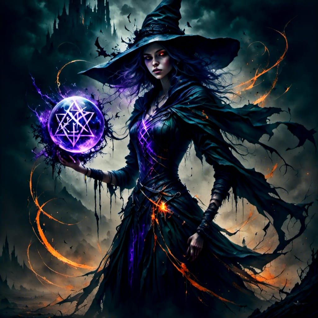 Halloween Witch with Glowing Runes and Magical Orbs