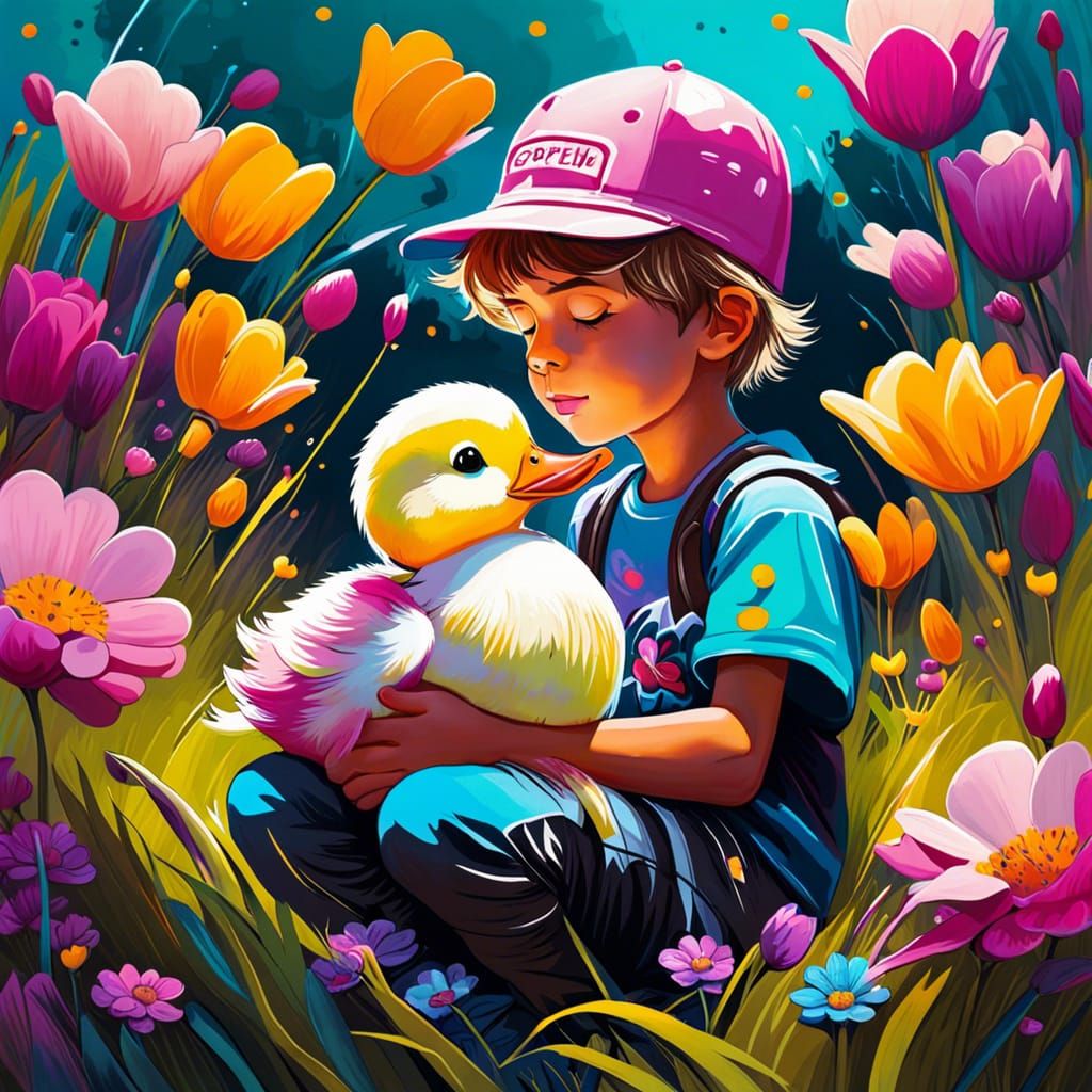 Boy Cuddling Duck in Graffiti Street Art Style