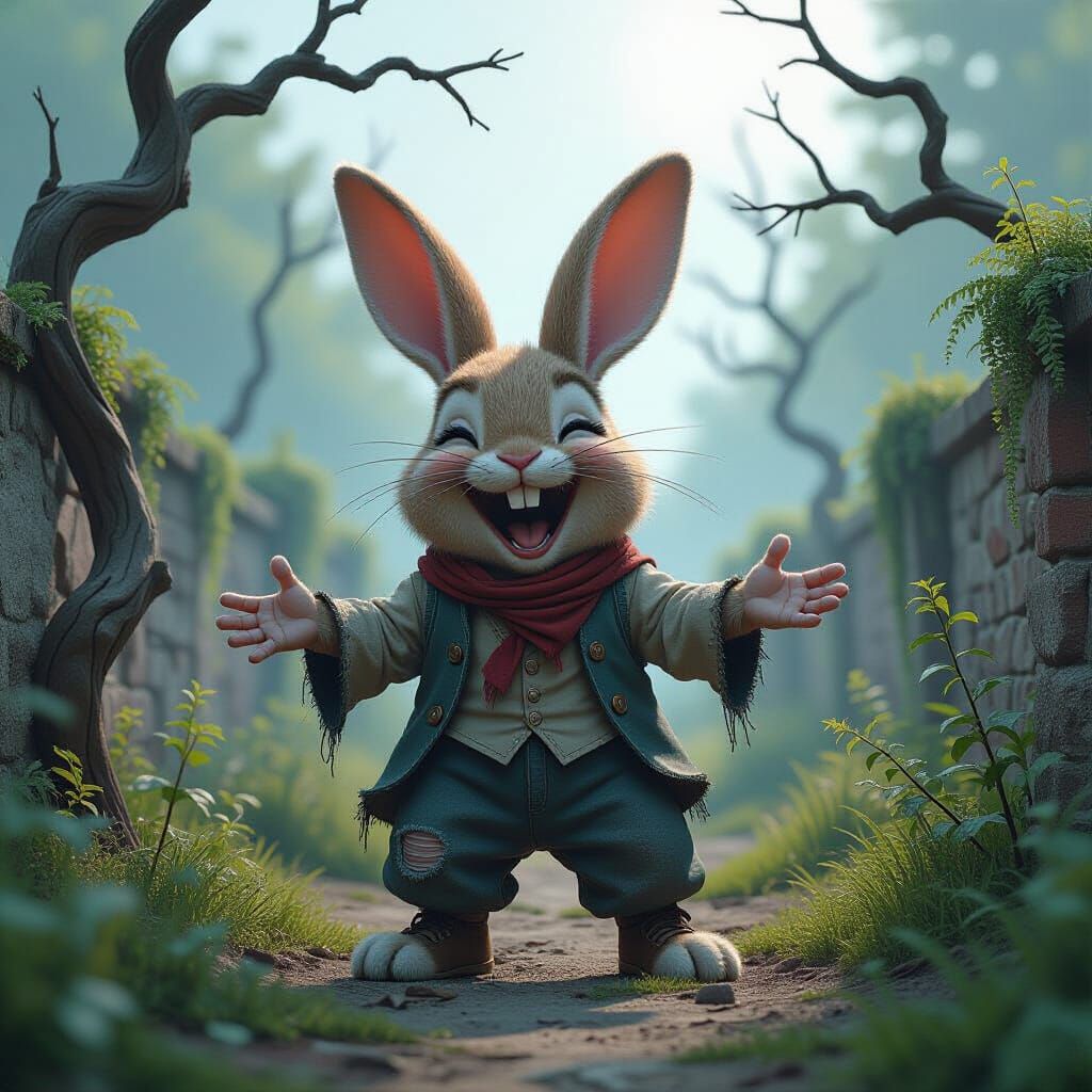 Laughing Rabbit in Overgrown Dark Fantasy Garden