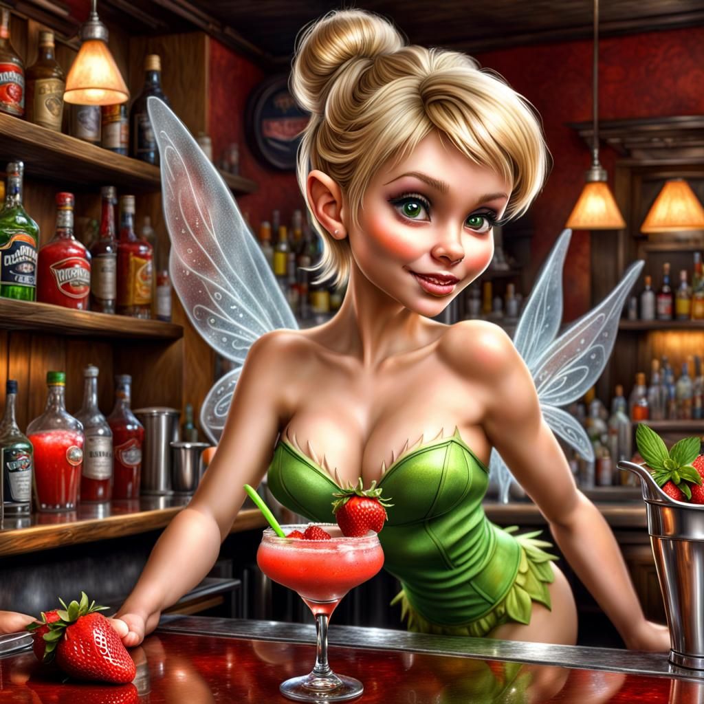 Hyperrealistic Pixie Bartender Serves Strawberry Margarita