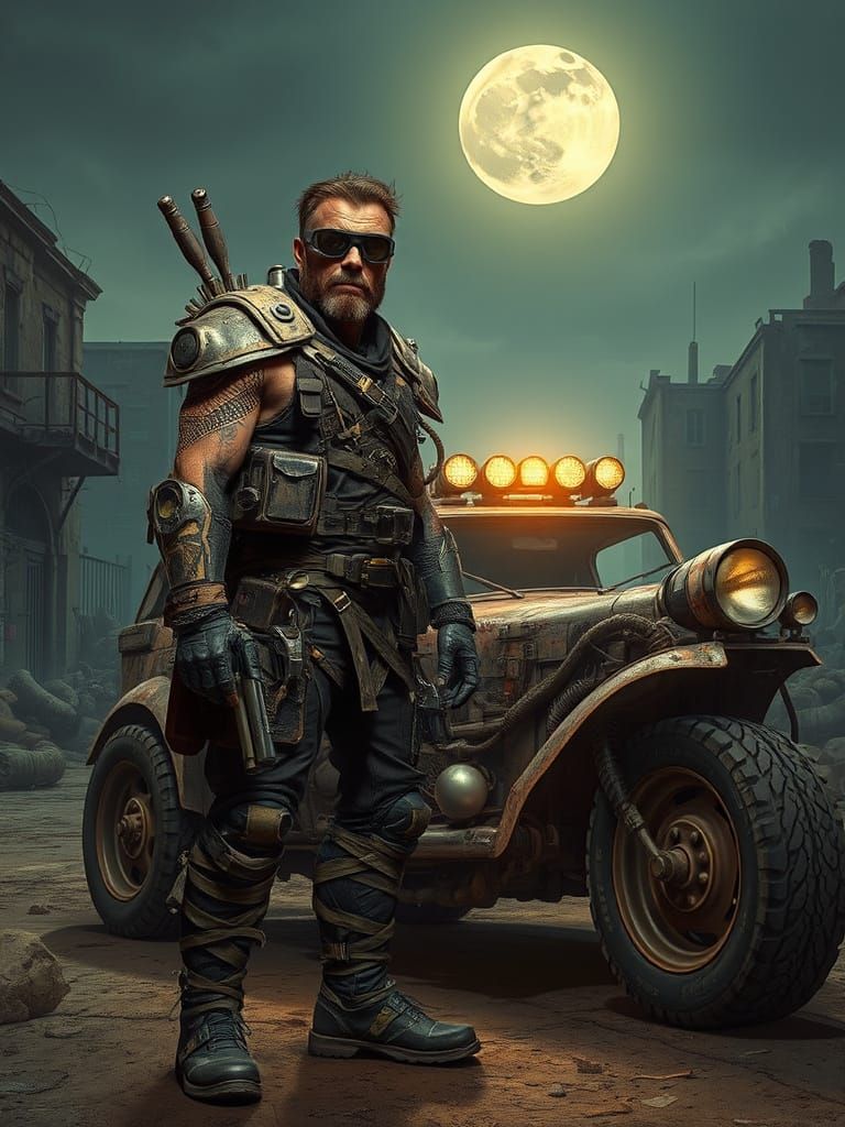 Cyberpunk Road Warrior in Dystopian Moonlit Landscape