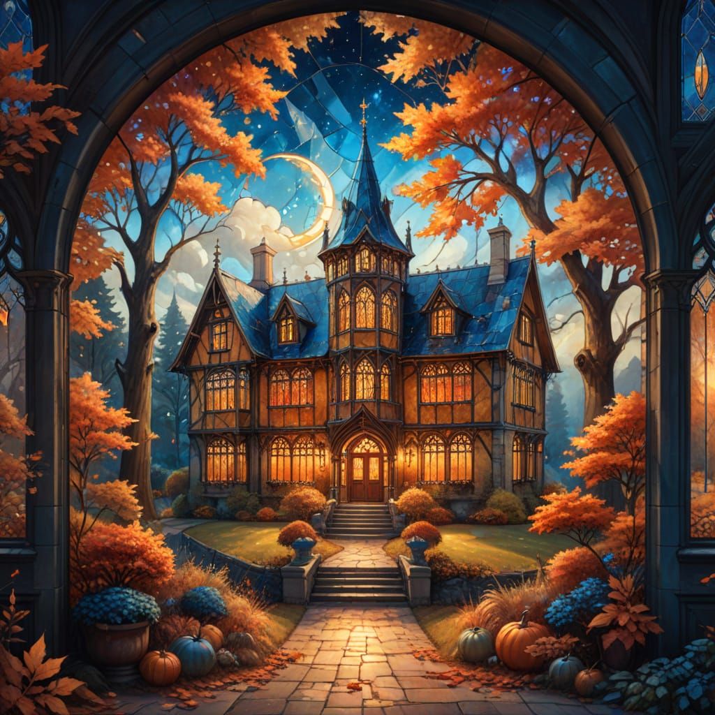 English Manor with Stained Glass in Autumn, Oil Painting