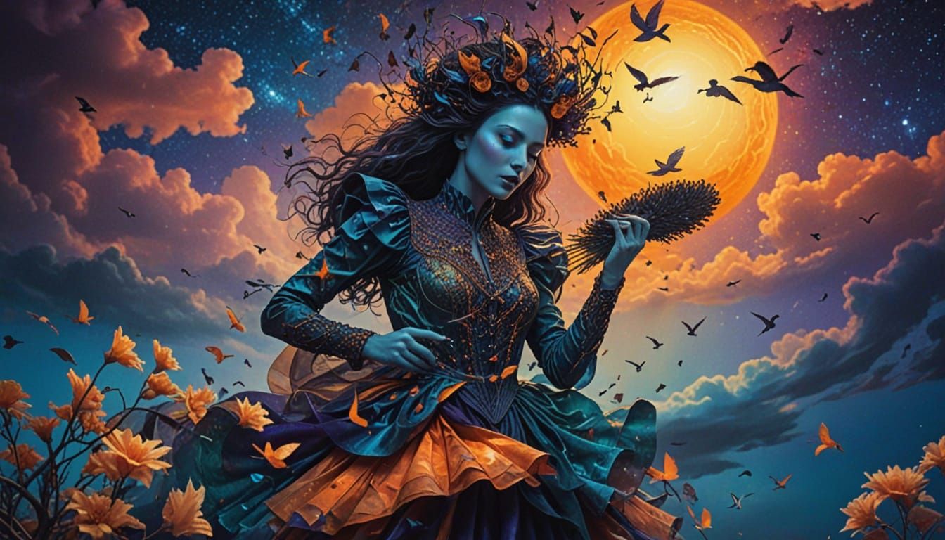 Woman Transforms into Birds Amidst Cosmic Energy