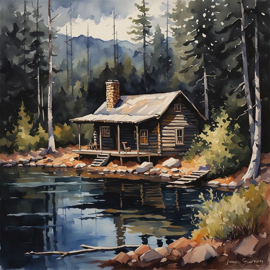 Moody Lake Cabin in Woods Watercolor Painting