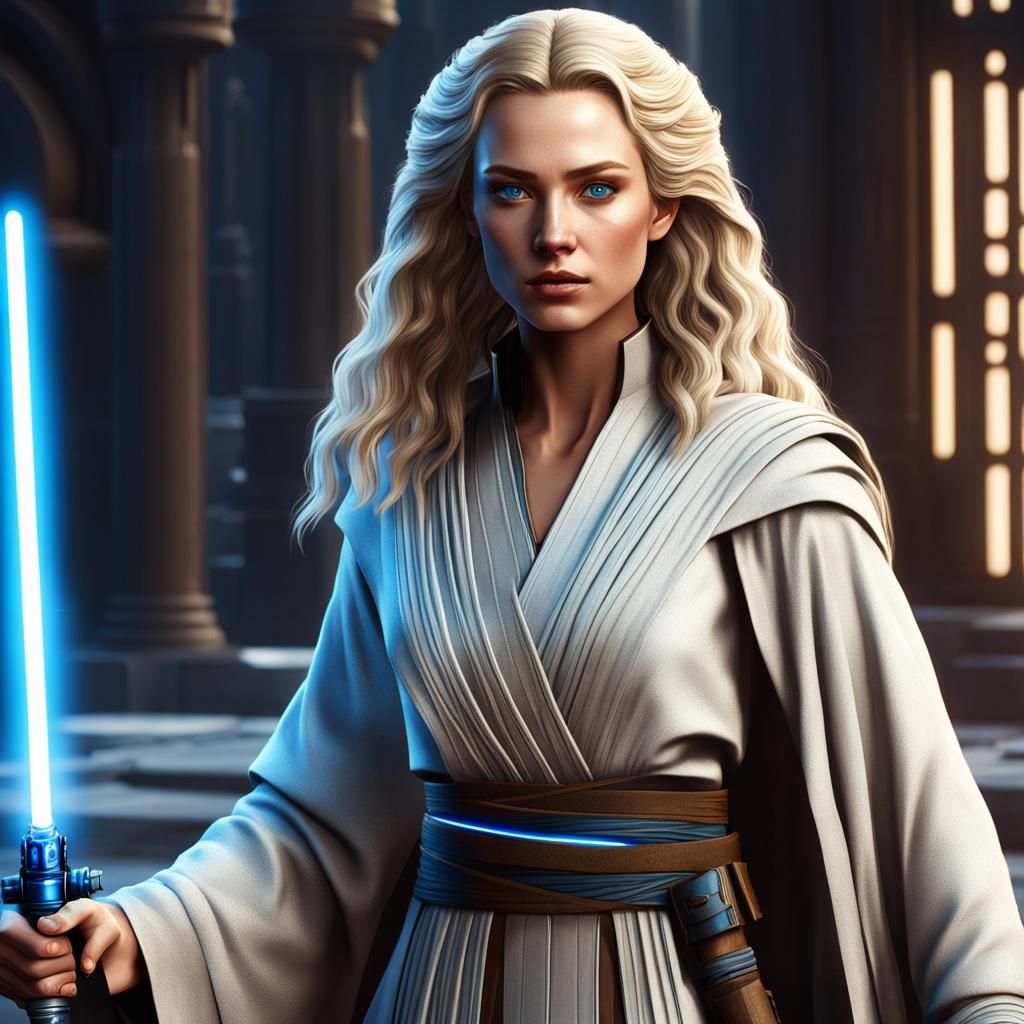 Female Jedi with Lightsaber in Temple, Digital Art