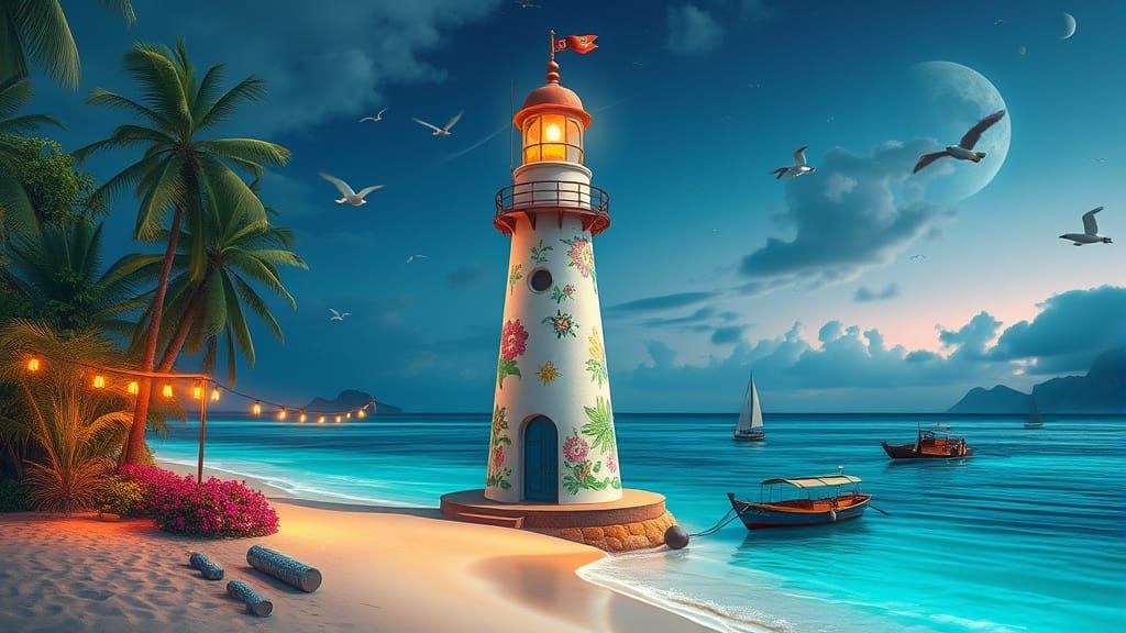 Lighthouse on Thai Beach in Cyberpunk-Yerka Style