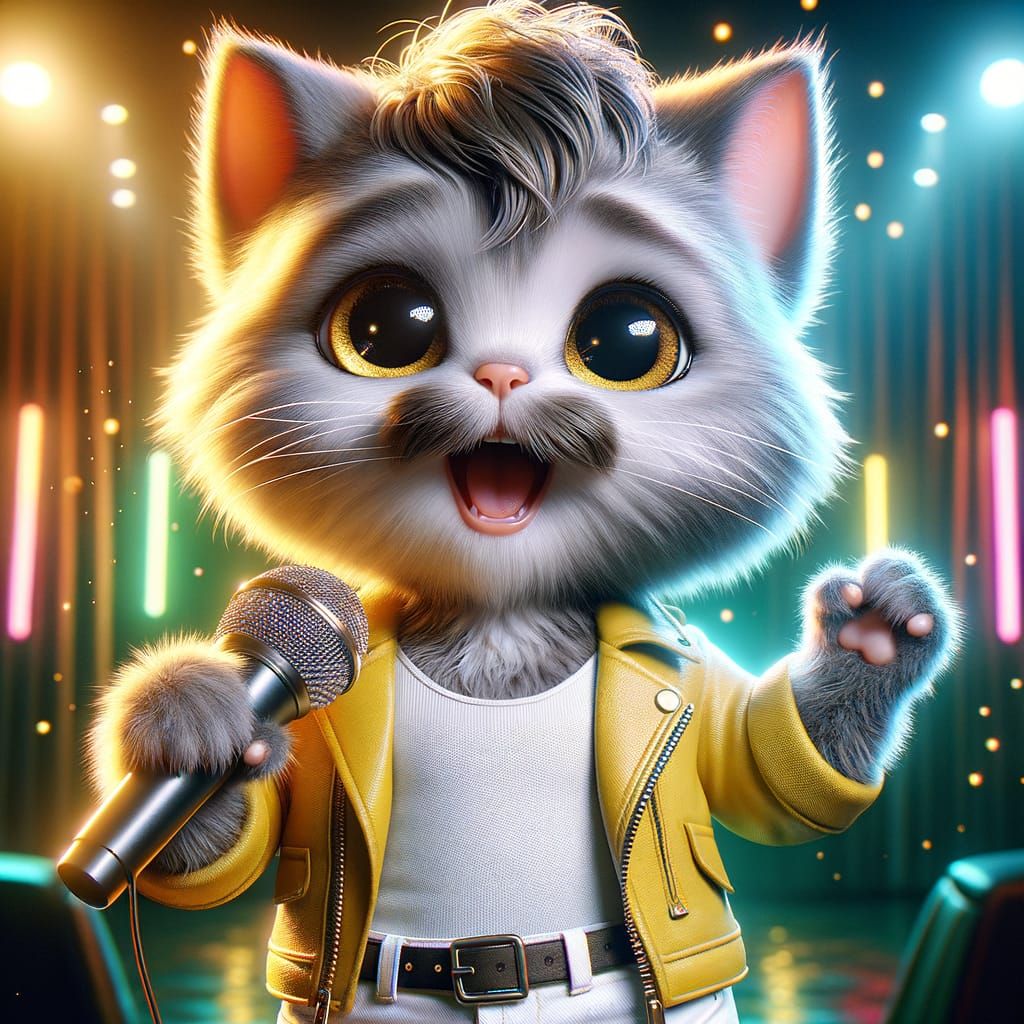 Anthropomorphic Cat Rock Singer on Karaoke Stage