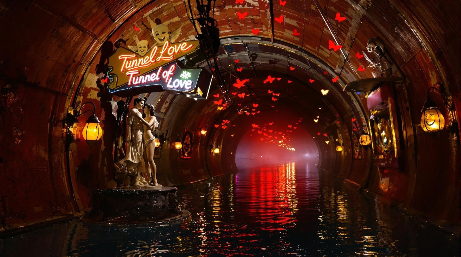 Vintage Tunnel of Love Scene with Kitschy Decorations