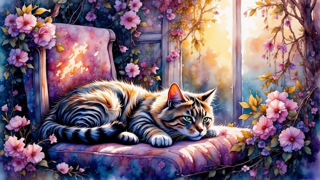 Vibrant Cat Lounging in Synthwave Watercolor Style