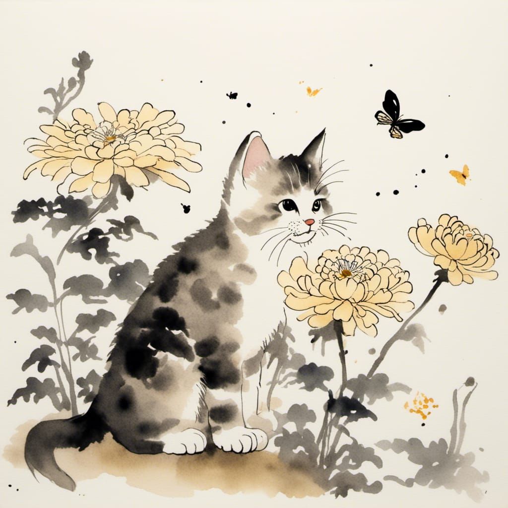 Kitten with Chrysanthemums: Sumi-e Watercolor