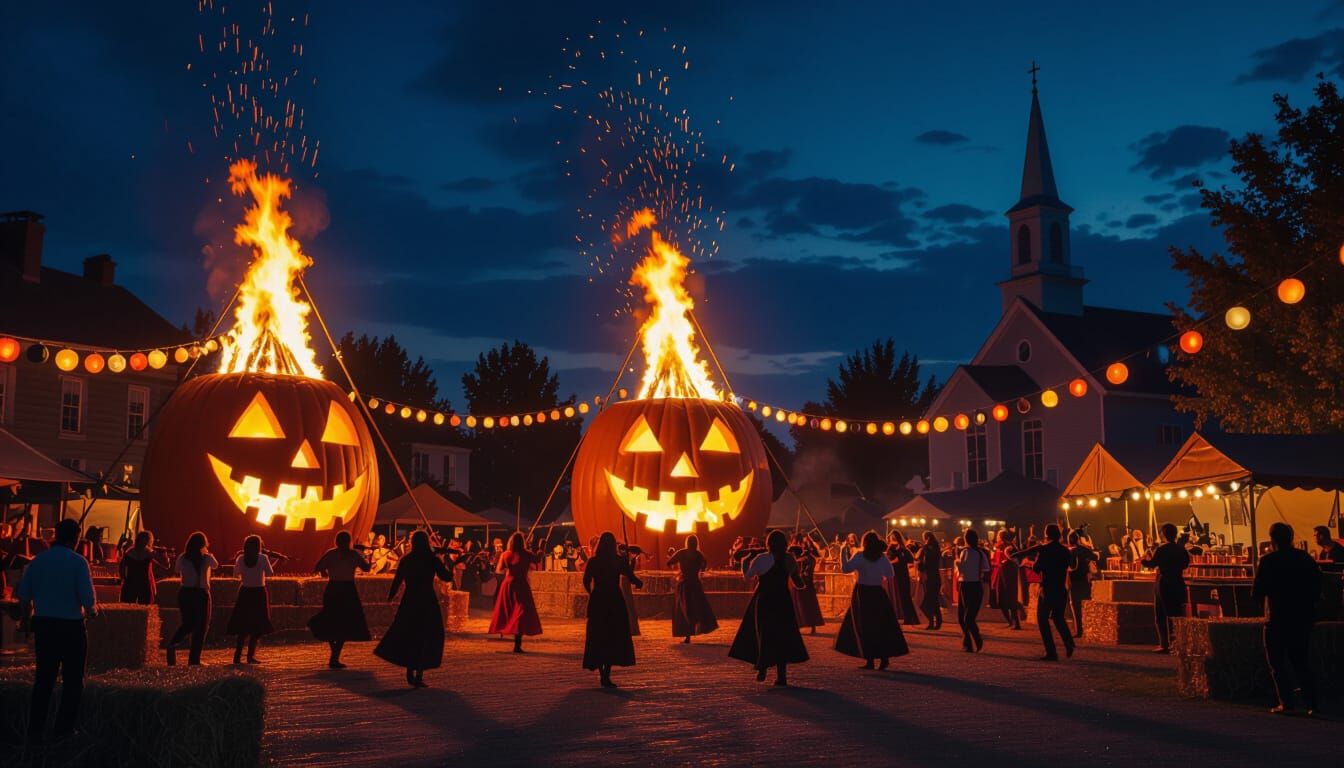 Villagers Dance Around Giant Jack-o'-Lantern Bonfires at Har...
