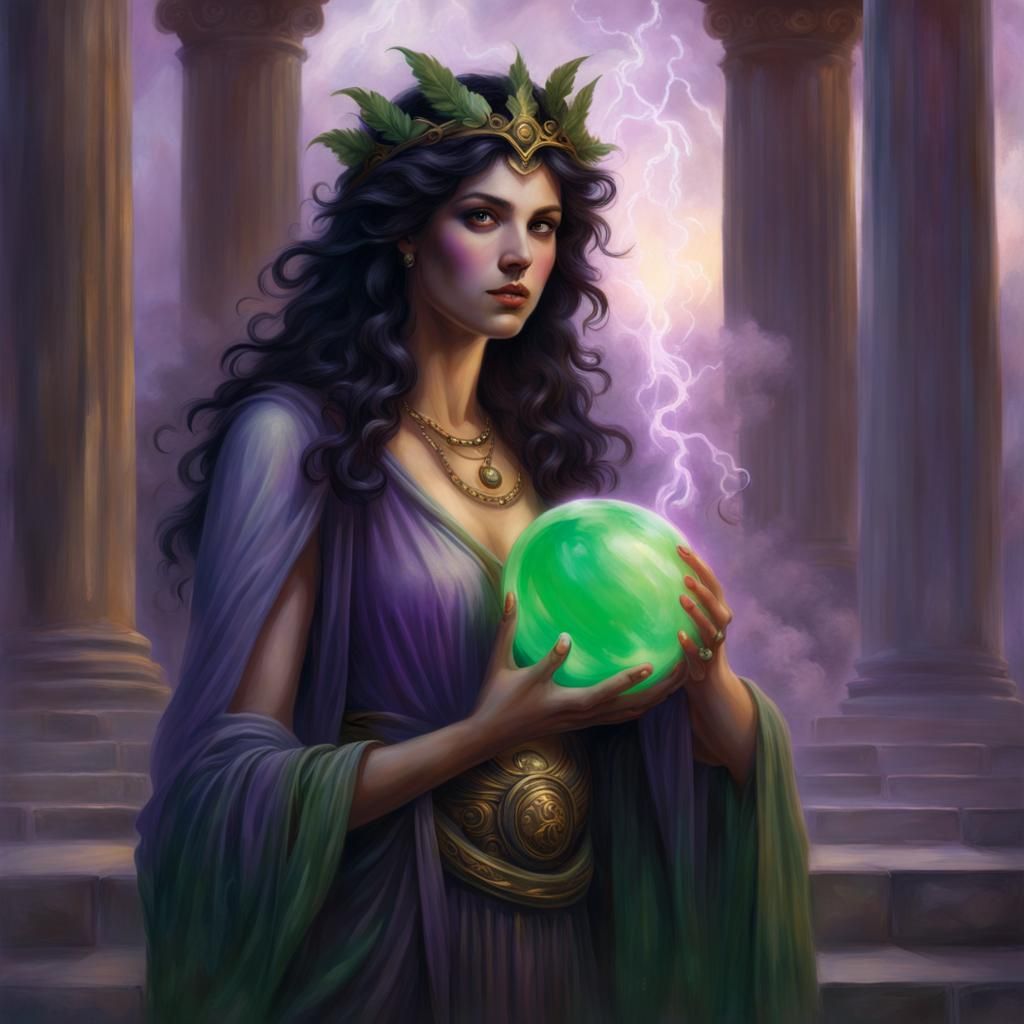 Young Sorceress with Energy Ball in Greek Temple