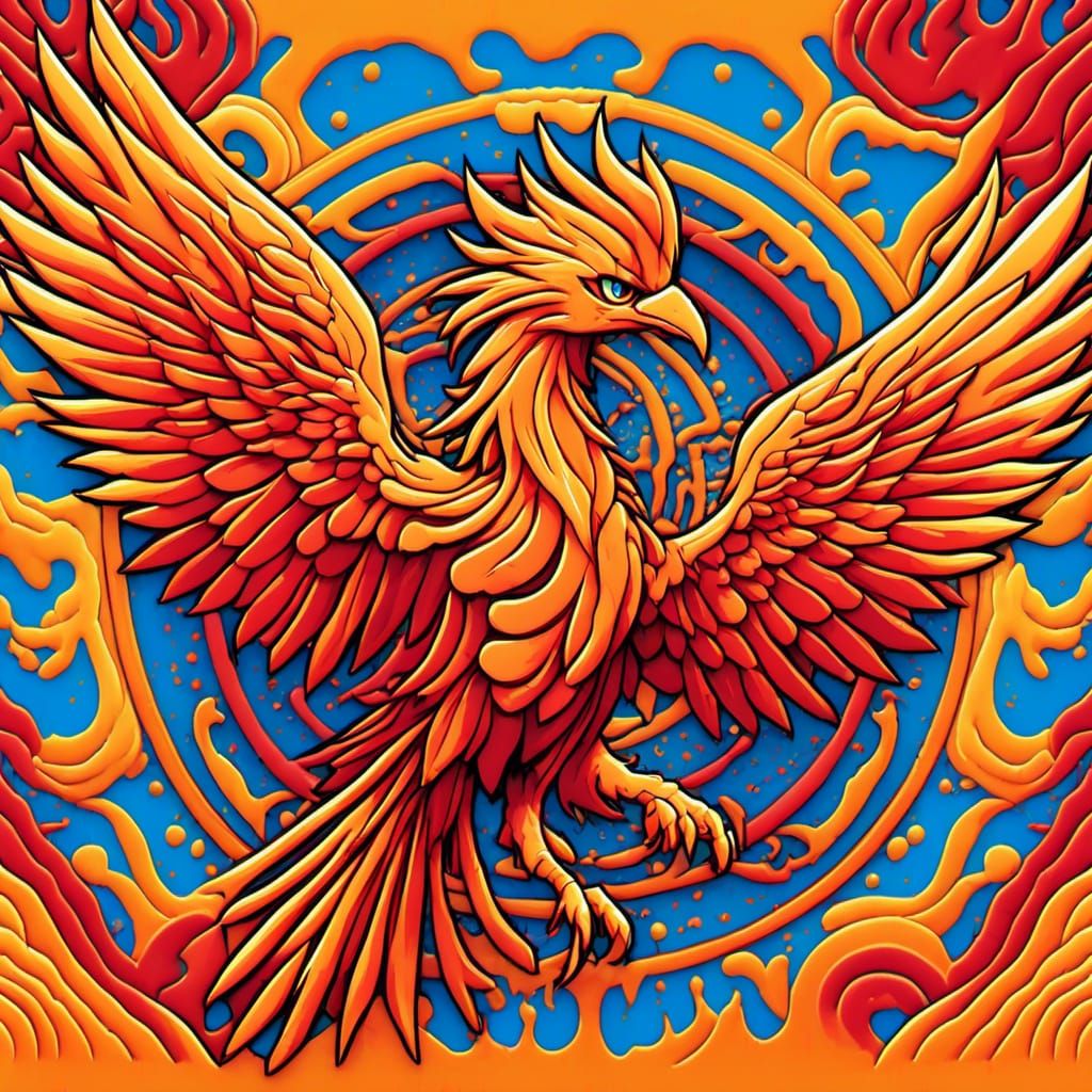 2D outlined orange and red Phoenix against an orange and yellow tie-dye background. 8K resolution <lora:TG_Epsilon:1.0>