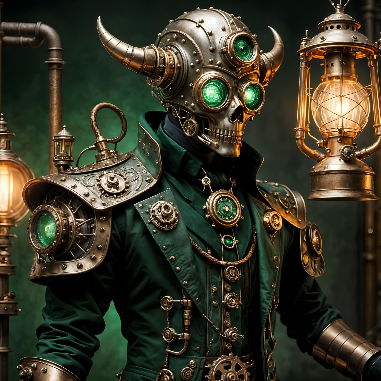 Mysterious Steampunk Creature with Hypnotic Green Eyes