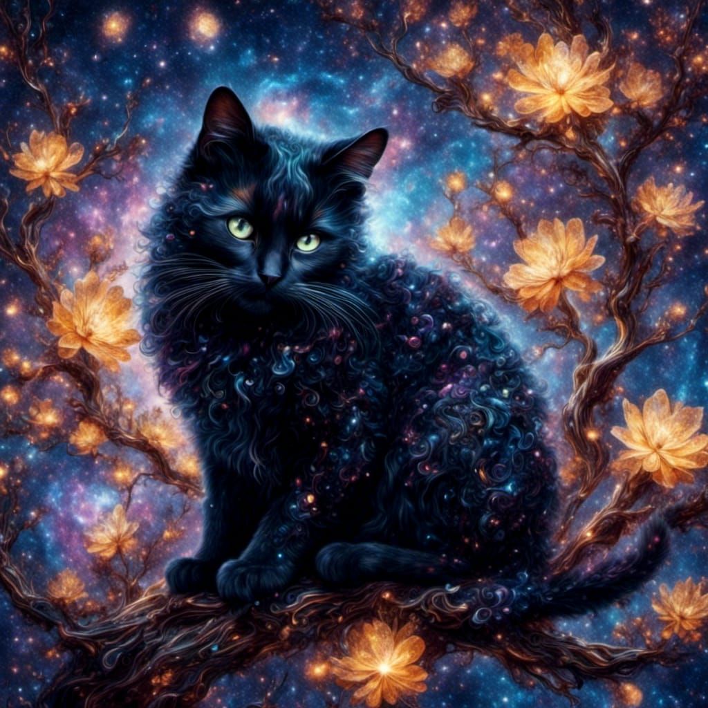 Cosmic Cat in Starry Night: Watercolor Concept Art