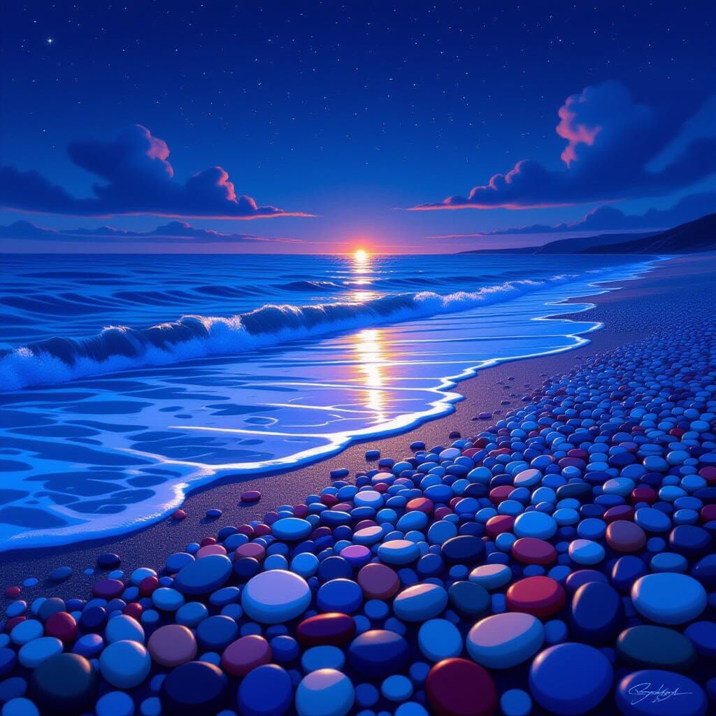Serene Night Ocean Scene with Colorful Pebbles
