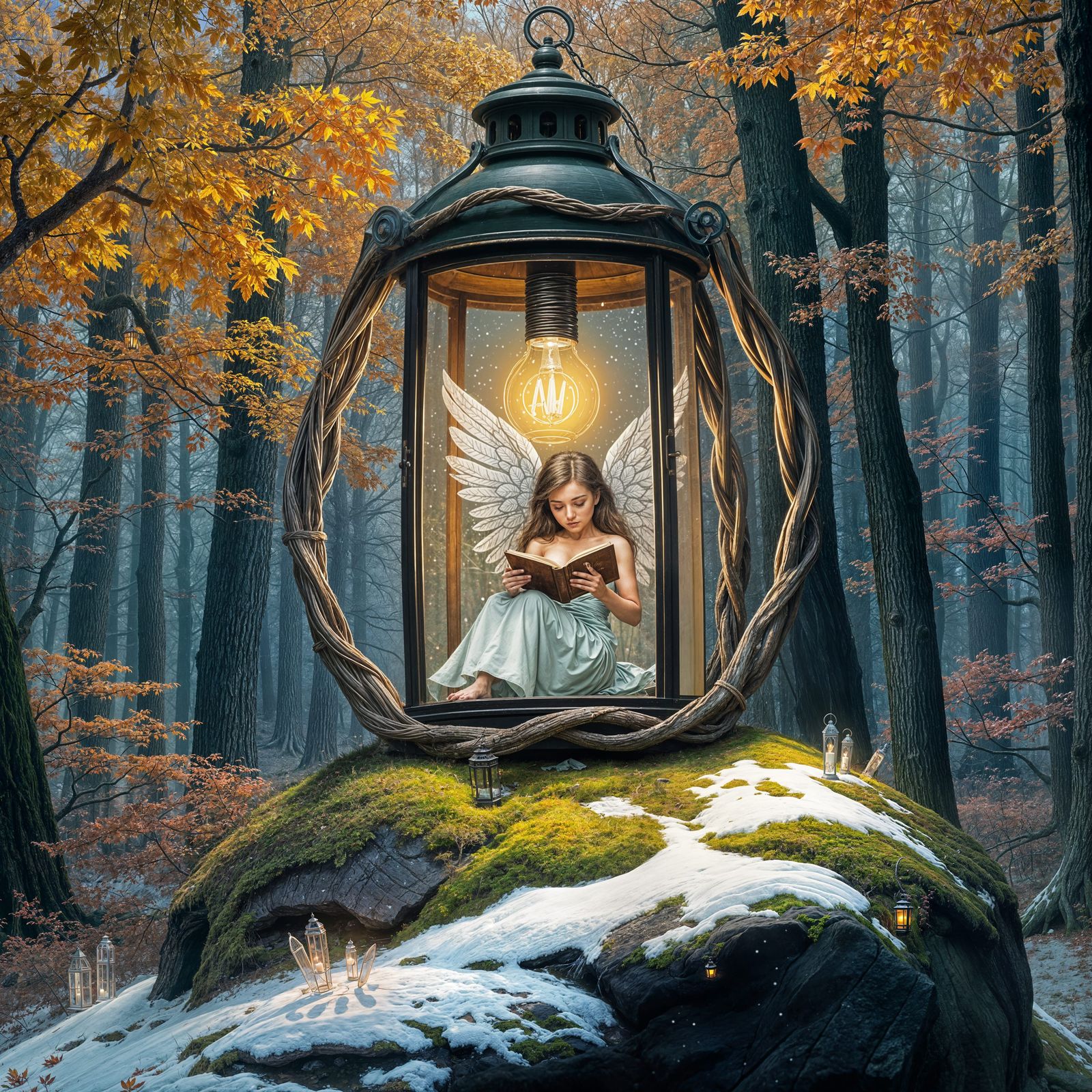 Winged Woman Reading in Enchanted Lantern