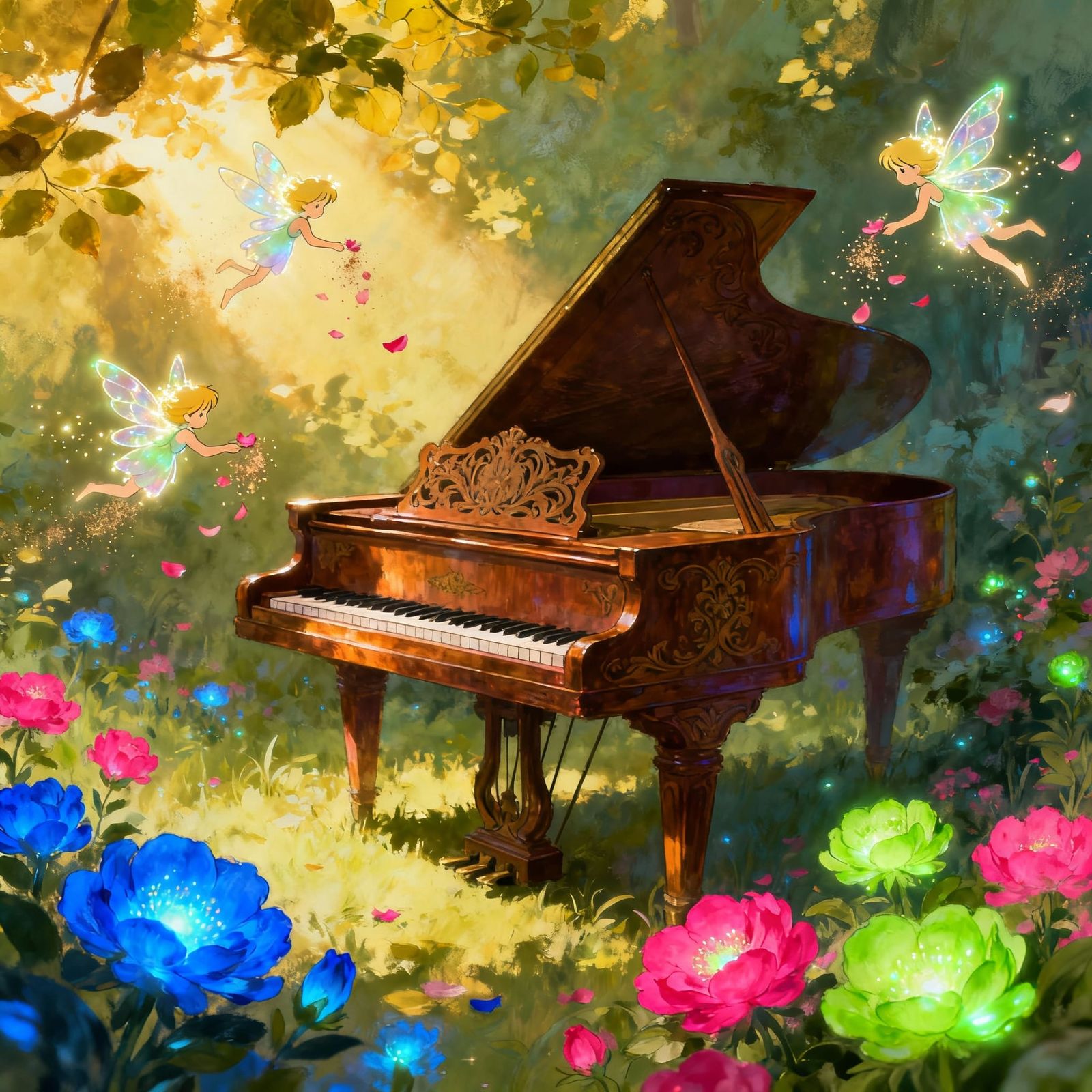Antique Pianoforte in Enchanted Glade with Ethereal Sprites