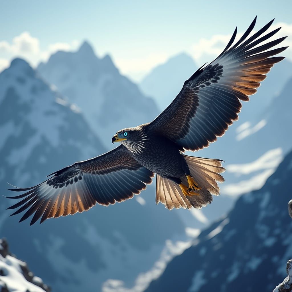 Majestic Metallic Eagle Soars Over Snowy Alps