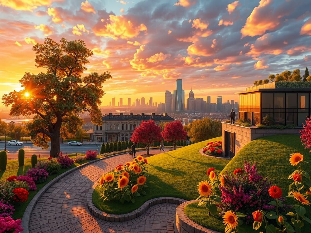 Futuristic Cityscape at Sunset in Art Deco Style