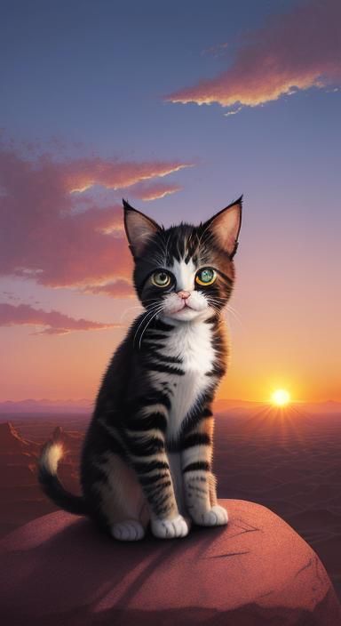 Grumpy Kitten at Sunset: Anime Style Landscape
