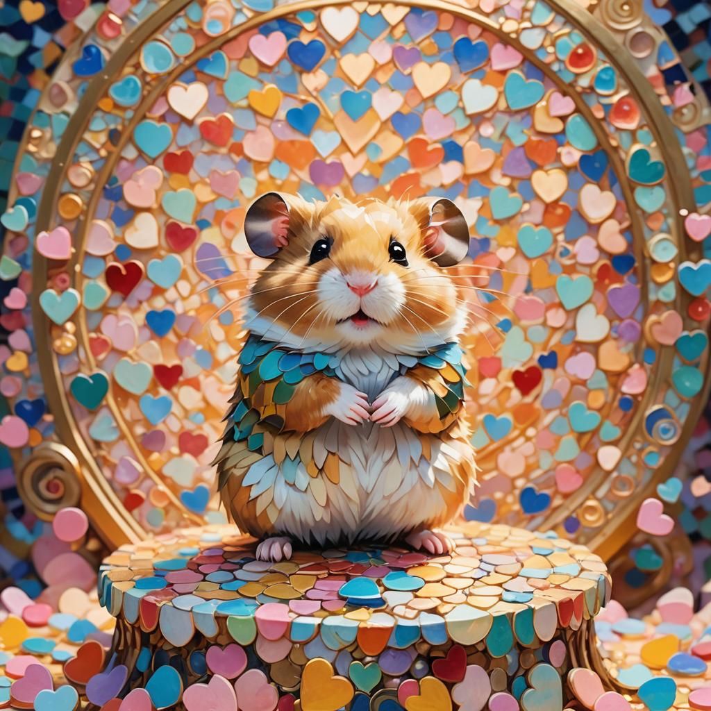 Hamster Surrounded by Hearts in Expressionist Style