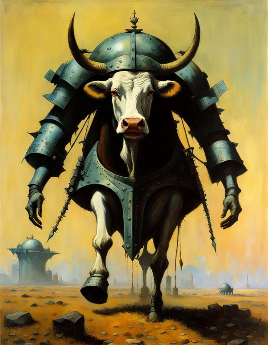 Heroic Armored Cow in Surreal Liminal Space