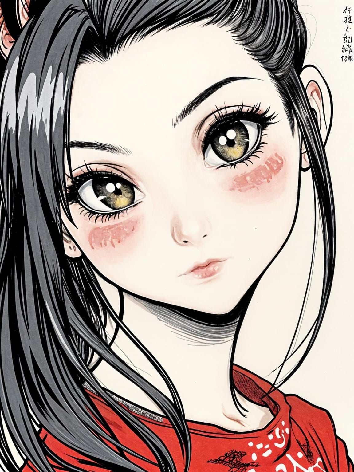 beautiful polish girl looks shyly at me, manga, ink drawing, draw by Akira Toriyama, splash of ink, intricate, ultra det...