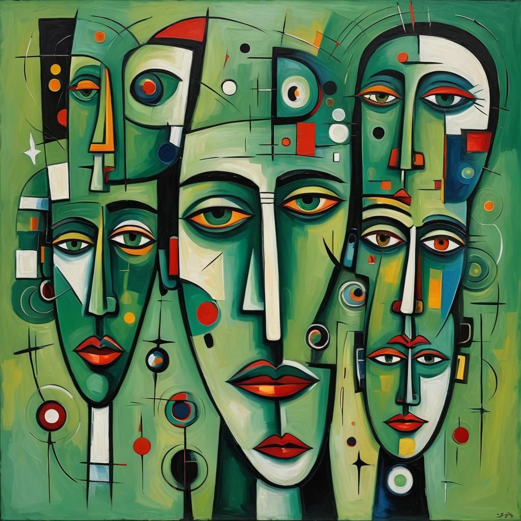 Abstract Faces in Green Oil Painting