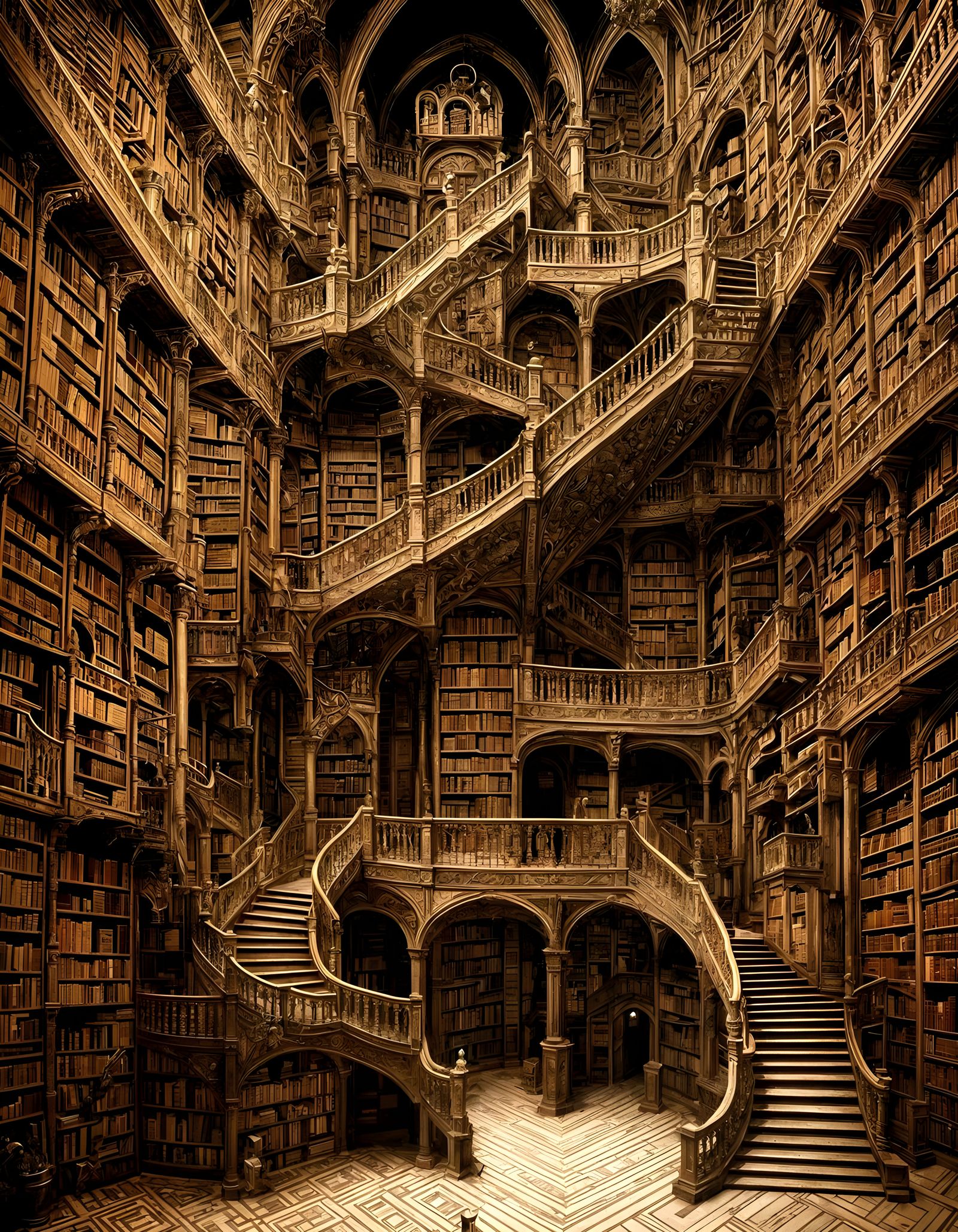 Medieval Library Labyrinth in Escher Rembrandt Style