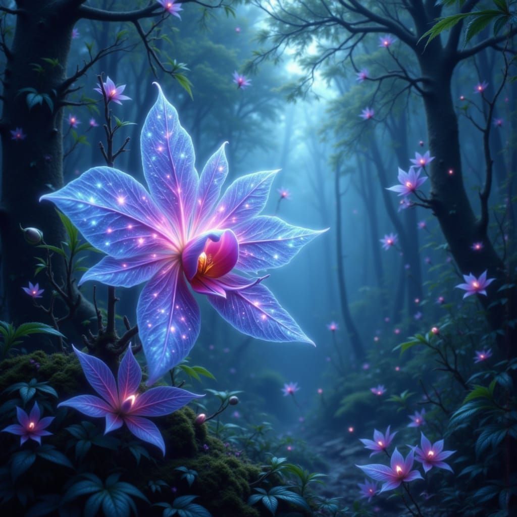 Bioluminescent Orchid Sings to Moonlight in Crystal Forest