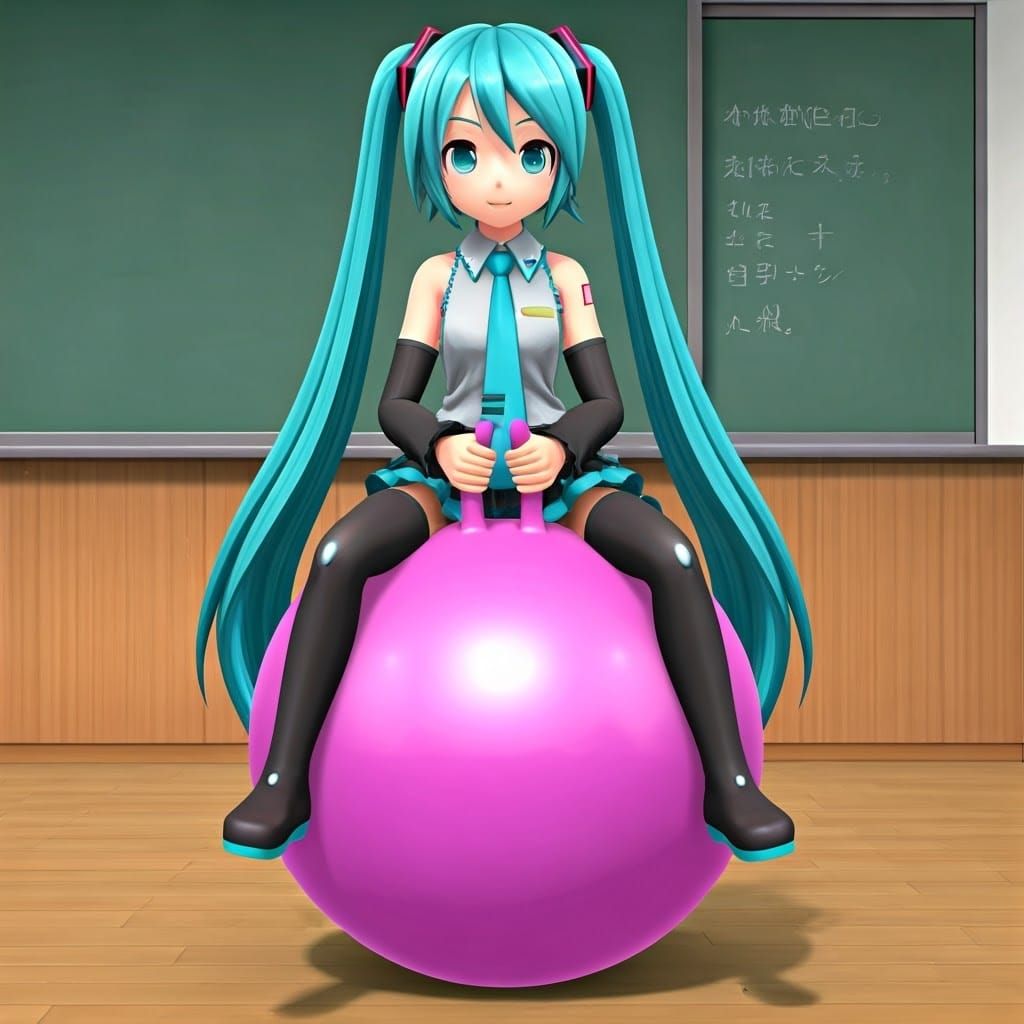 Hatsune Miku Bouncing on Hopper Ball in Classroom