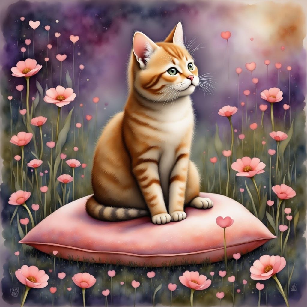 Cute Cat Surrounded by Flowers in Whimsical Ink Art