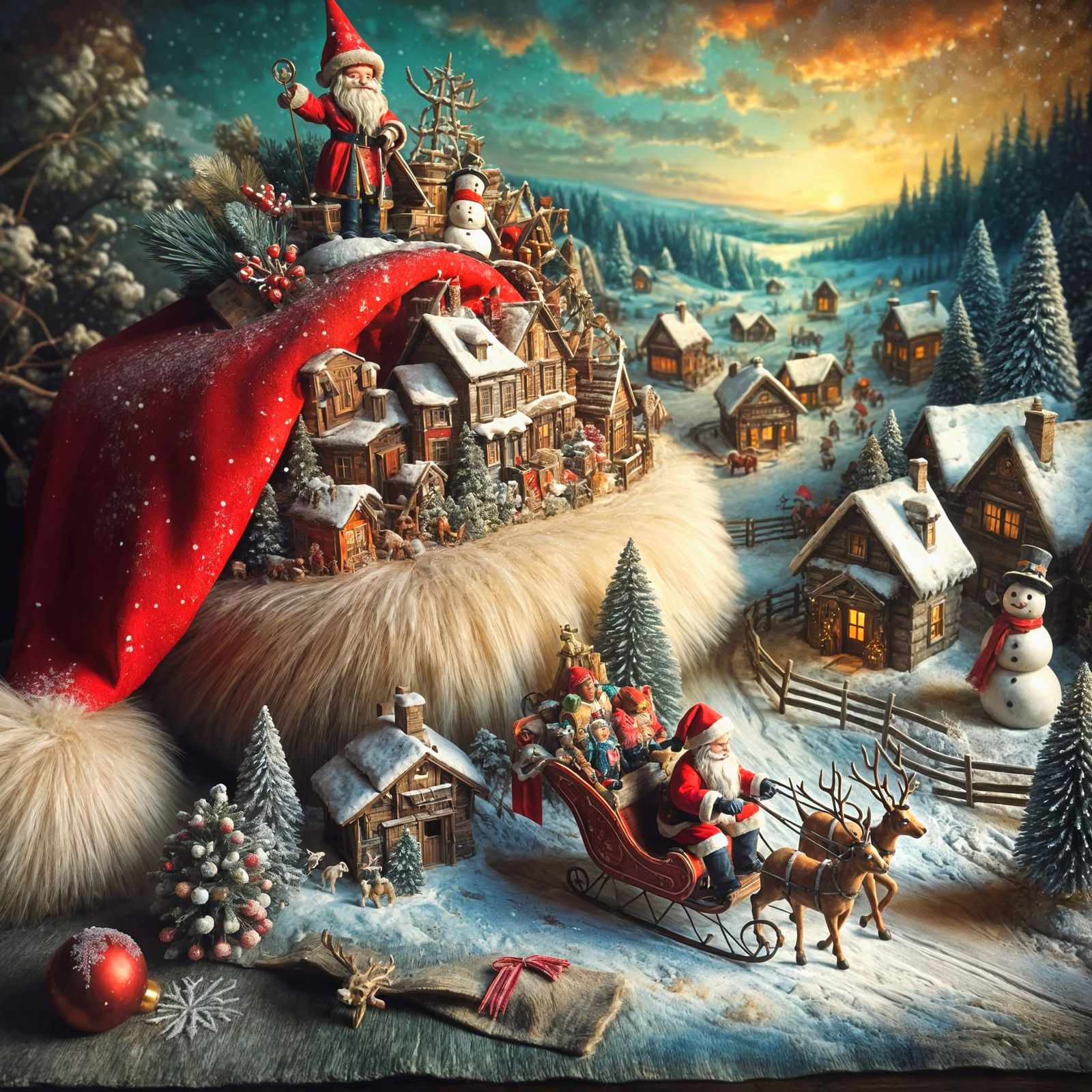 Vintage Santa Hat with Whimsical Winter Wonderland Scene in...