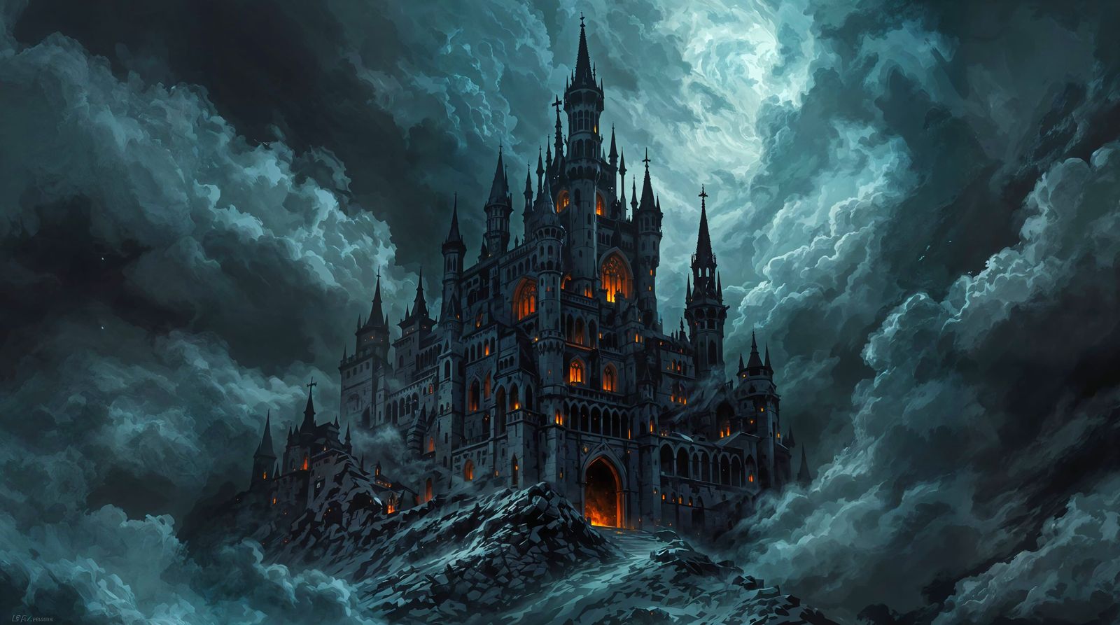 Dark Gothic Castle Rises Amidst Swirling Stormy Skies