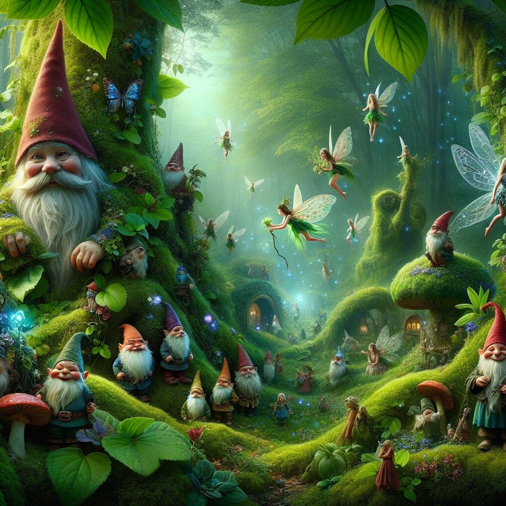 A magical forest with tiny gnomes an fairies
