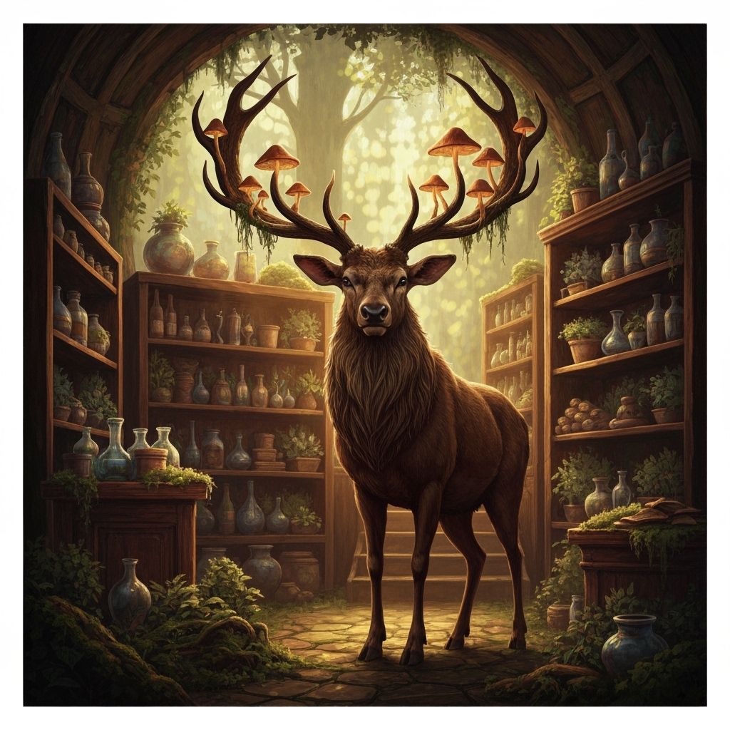Hidden Apothecary Guarded by Stag in Hyperrealistic Style