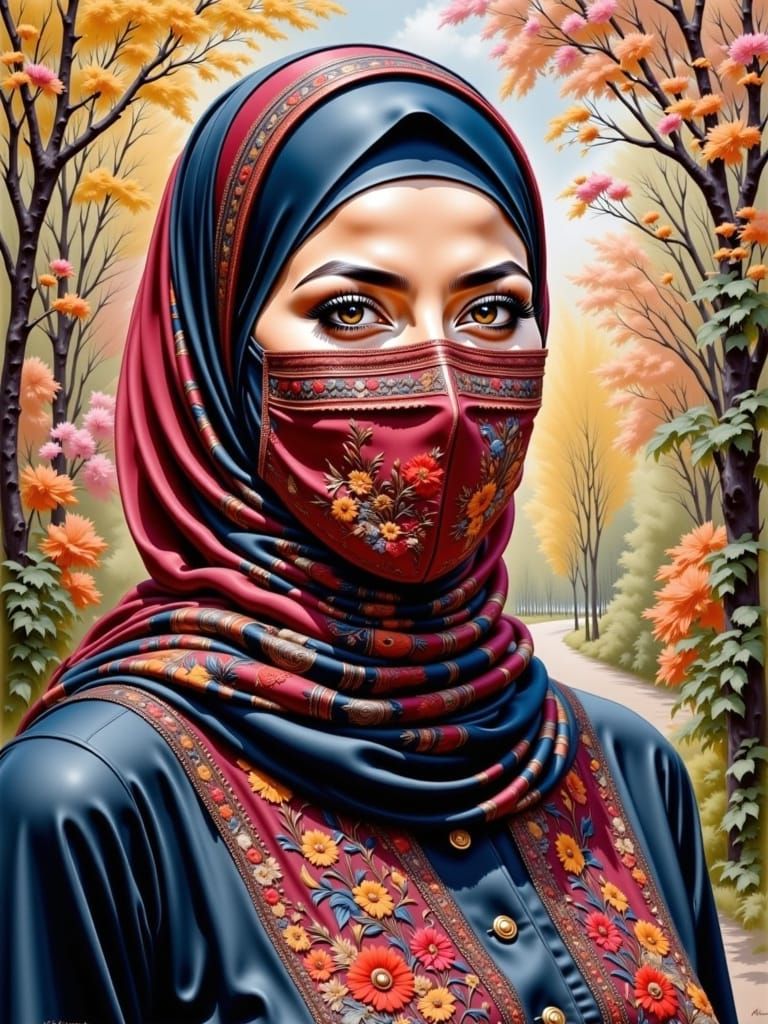 Beautiful Woman in Hijab with Masked Flowers