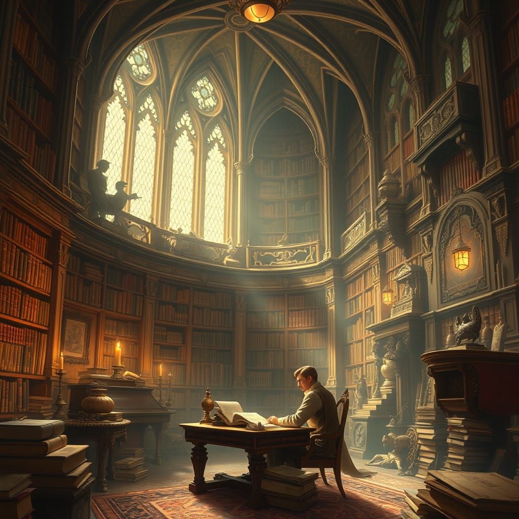 Ornate Victorian Library with Scholar and Ancient Tomes