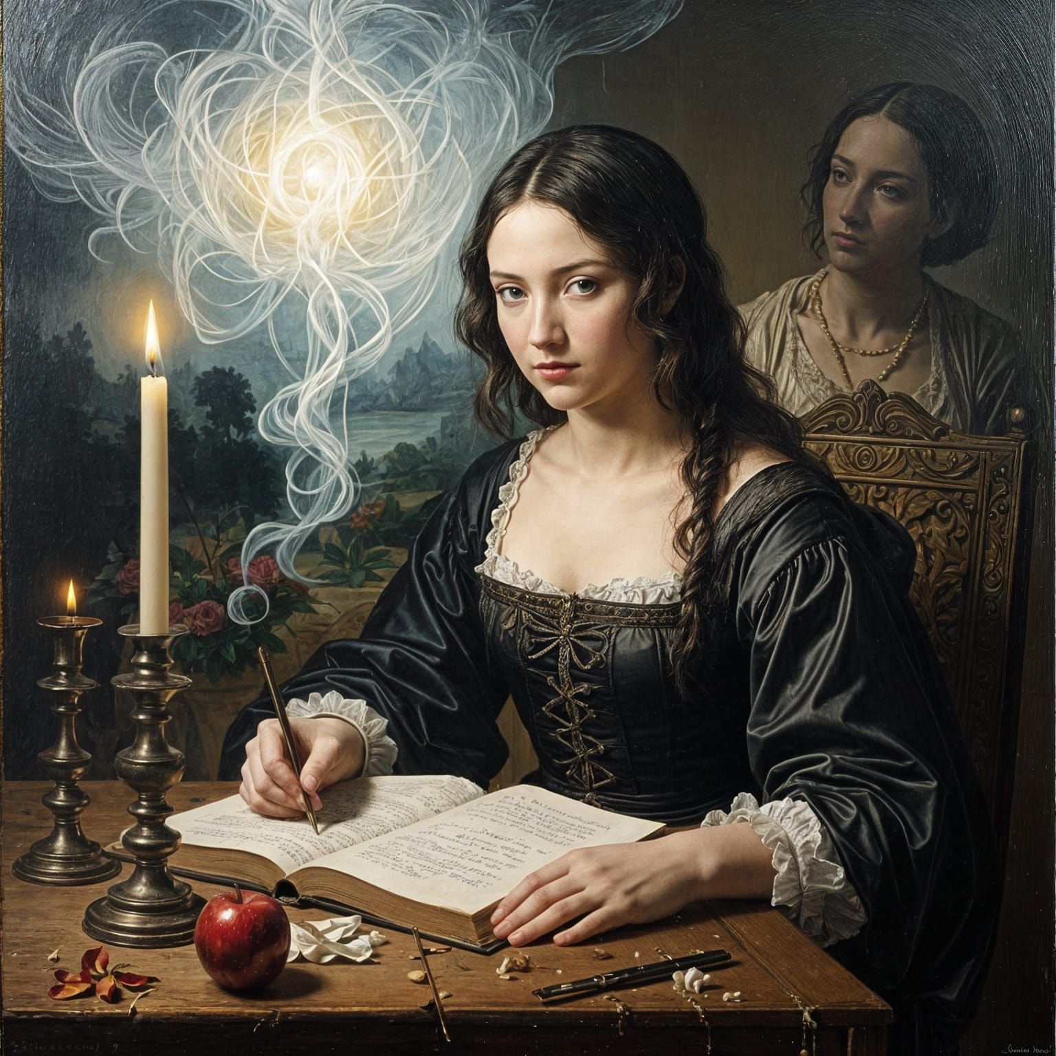 Renaissance Style Painting with Haunting Background and Cine...