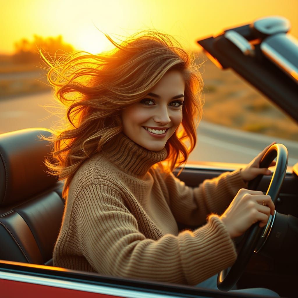 Woman in Earth-Toned Sweater, Driving Retro Convertible, 197...