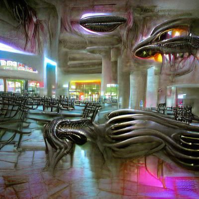 Cyberpunk Restaurant in Abandoned Mall with Giger Lighting