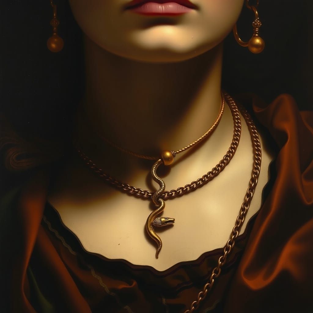 Baroque High Priestess Wears Gold Serpent Pendant