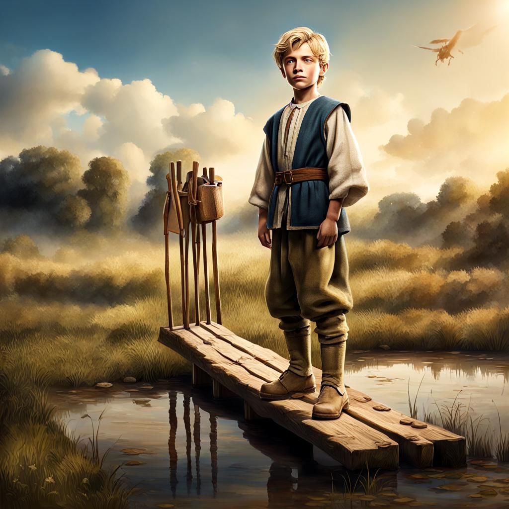 Young Shepherd Boy on Stilts: Hyperrealistic Splash Art
