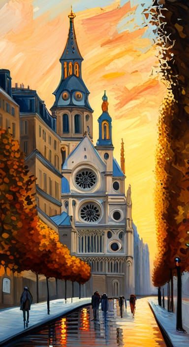 Paris Cathedral at Sunset in Impressionistic Style