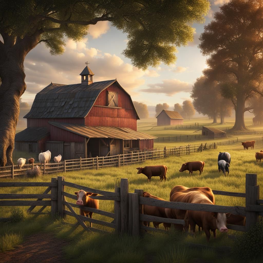 Detailed Farmland Scene with Animals, Matte Painting