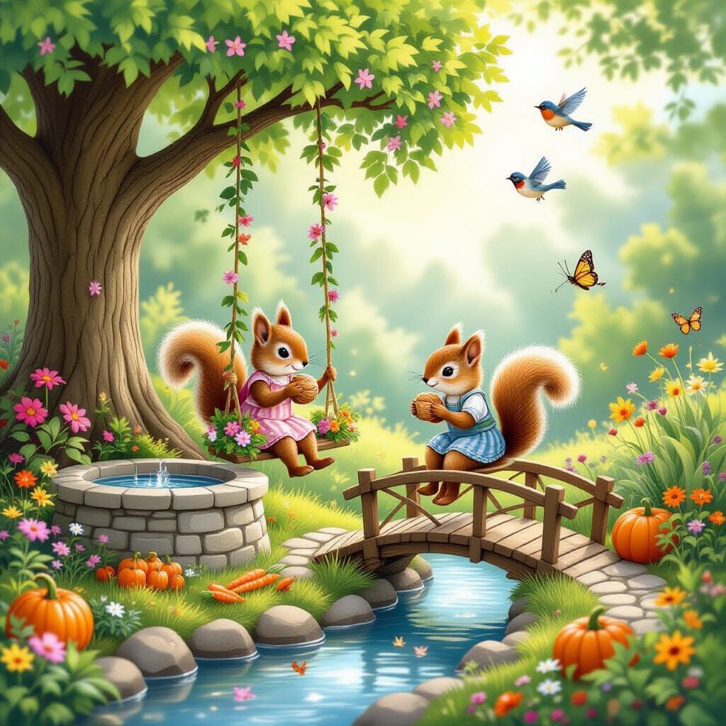 Enchanting Fairy Garden Scene with Squirrels